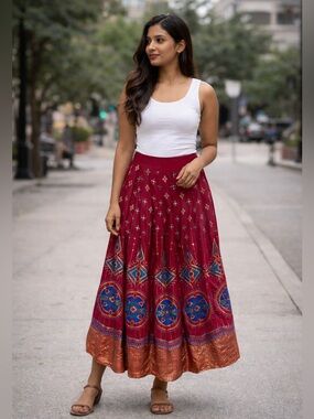 Global Desi vibrant Pink and Blue Geometric Maxi Skirt